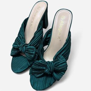 Allegra K Teal Bow Heeled Mules